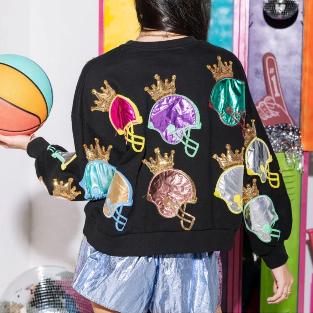 QUEEN OF SPARKLES Black Sweatshirt with Colorful Helmets and Gold Crowns - Picture 2 of 5